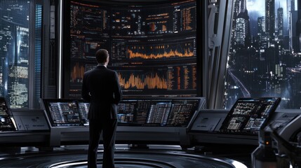 Poster - a figure stands before high-tech screens displaying data in a futuristic cityscape.
