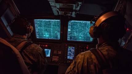 Poster - Two military personnel operating aircraft controls with screens displaying data.