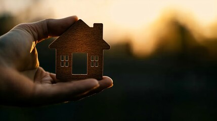Wall Mural - Hand Holding Wooden House Cutout Against Sunset