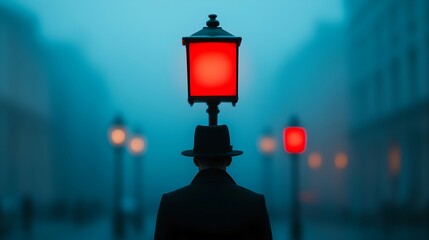 Wall Mural - Man in Hat Beneath Red Streetlight in Fog