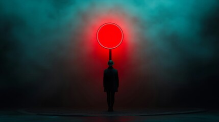 Wall Mural - Person in Hat Facing Illuminated Red Circle in Smoky Setting