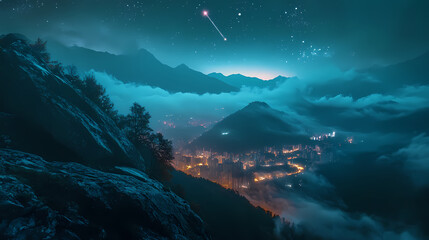 top romantic scene, urban lights sprawling beneath, celestial night sky with falling star, atmospher