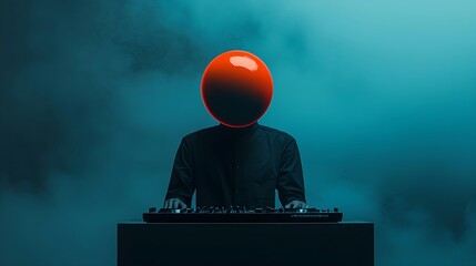 Wall Mural - Person with Orange Sphere Head at DJ Mixer