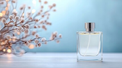 Wall Mural - Perfume Bottle and White Flower Branch on Light Wooden Surface