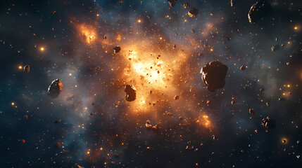 Wall Mural - A massive explosion occurs in outer space, creating a dazzling display of light and debris among distant celestial bodies. Celestial. Illustration