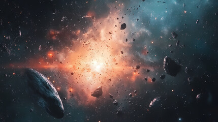Wall Mural - A massive explosion occurs in outer space, creating a dazzling display of light and debris among distant celestial bodies. Celestial. Illustration