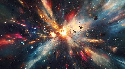 Wall Mural - A massive explosion occurs in outer space, creating a dazzling display of light and debris among distant celestial bodies. Celestial. Illustration