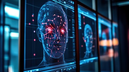 Poster - Digital representation of facial recognition technology with data visualization.