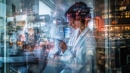Poster - A scientist in a lab, surrounded by digital overlays of data and cityscapes.