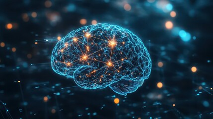 Poster - Abstract futuristic human brain connected to glowing neural pathways, AIinspired, dark background, sharp neon lights, digital art