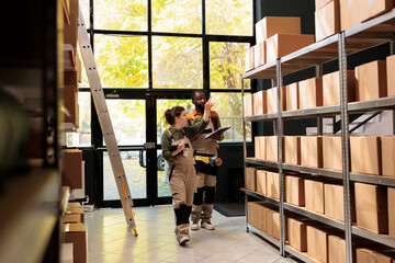 Wall Mural - Storage room team looking at cardboard boxes checking customers orders in stockroom preparing packages for delivery. African american employee wearing overall while working at storehouse inventory