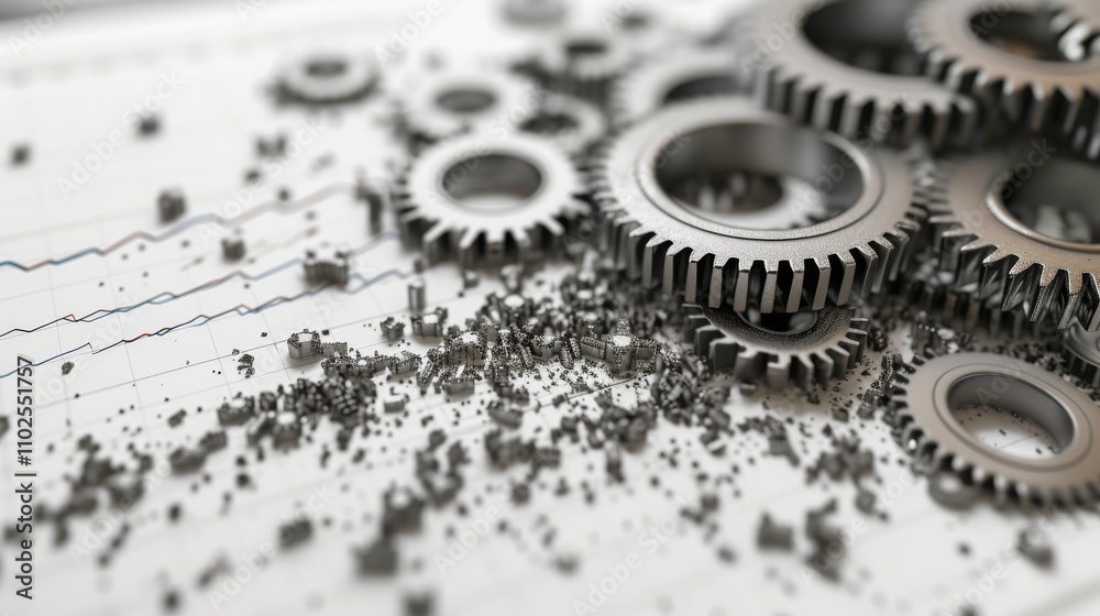 Disassembled metal gears are scattered across graph paper, symbolizing ...