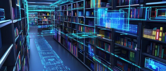 Poster - A futuristic library with holographic elements and digital interfaces among bookshelves.