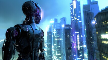 Poster - A futuristic robot overlooking a neon-lit cityscape at night.