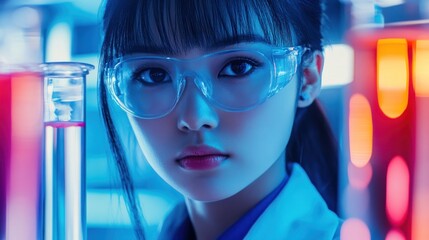 Poster - A focused scientist in a lab, surrounded by colorful test tubes and scientific equipment.