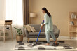 © New Africa - Smiling young woman cleaning rug with cordless vacuum cleaner in living room