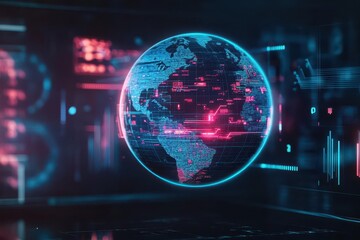 Poster - Floating holographic globe displaying global data analytics, corporate setting, glowing neon interfaces, minimalist background, digital illustration