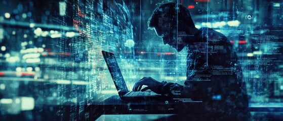 Poster - A person working on a laptop amidst a digital, futuristic background.