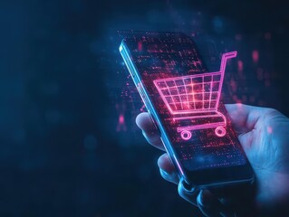 Poster - Shopping cart icon glowing on a smartphone screen innovation digital commerce selective focus futuristic background futuristic Double exposure