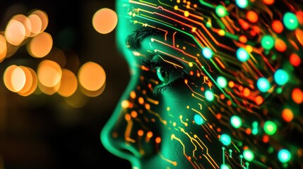 Poster - A close-up of a face with digital circuitry patterns and glowing lights, symbolizing technology.