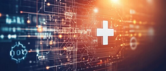 Poster - Abstract digital background featuring a medical cross symbol amidst circuit patterns.