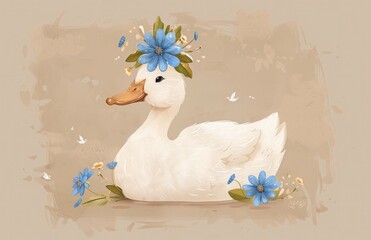 Wall Mural - Cute white duck with a floral crown surrounded by blue flowers, creating a charming and whimsical atmosphere. Ideal for nature and animal themes.