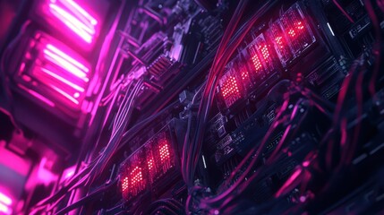 Poster - A close-up view of a computer server with illuminated components and numerous wires.