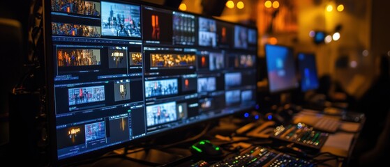 Poster - A control room with multiple screens displaying video feeds and editing software.