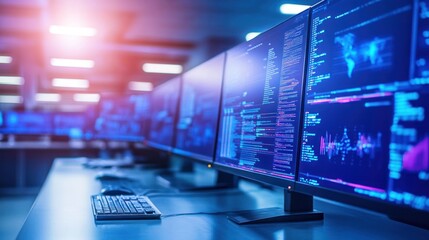 Poster - Multiple computer monitors displaying data and analytics in a tech environment.