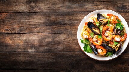 Wall Mural - Seafood Pasta Dish with Shrimp and Mussels on Wooden Table