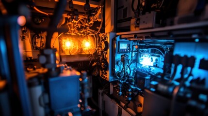 Poster - A close-up view of intricate machinery with glowing elements, likely from a scientific device.