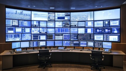 Poster - A high-tech control room with multiple screens displaying data and analytics.