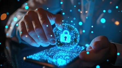 Poster - A person interacts with a glowing lock symbol on a smartphone, representing digital security.