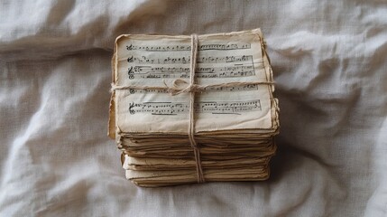Poster - Vintage Music Sheets Tied with Twine on a Textured Fabric Surface