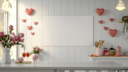 Wall Mural - Blank sign on white kitchen wall with Valentine’s decor and soft lighting