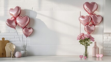 Wall Mural - Bright kitchen with romantic decor and a blank sign for Valentine’s Day