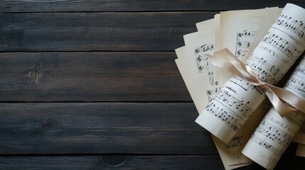 Poster - Vintage Sheet Music Rolls Tied with Ribbon on Wooden Table