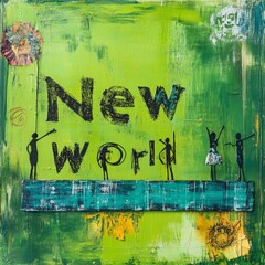 Aufkleber - A vibrant abstract painting depicting the phrase New World with a group of five figures standing on a horizontal platform. The green and blue background enhances the conceptual theme. AI generated.