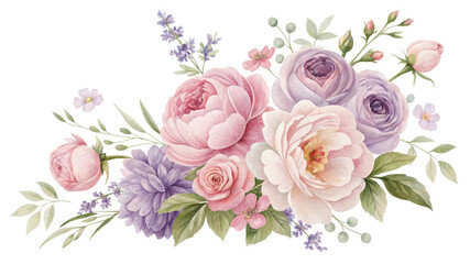 Wall Mural - Watercolor Floral Bouquet Composition Pink and Purple Roses, Lavender, Isolated on White Background, Wedding Invitation Design

Watercolor painting, floral arrangement, roses, wedding