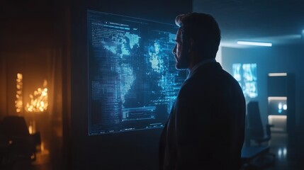Poster - A business professional studies a digital world map in a high-tech office setting.