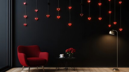 Wall Mural - Blank billboard mockup on matte wall with heart lights and red chair decor