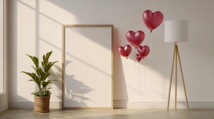 Wall Mural - Blank billboard mockup on stucco wall with heart balloons and cozy lighting