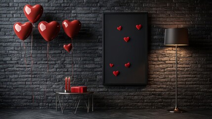 Wall Mural - Blank billboard mockup on charcoal wall with heart balloons and cozy decor