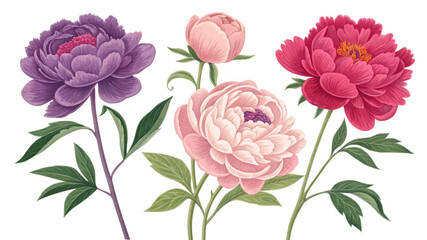 Wall Mural - Floral Composition Three Peonies, Isolated on White Background,  Botanical Illustration, Pink, Purple, Red, Detailed

Peony, Flower, Botanical, Illustration