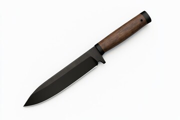 A black knife with a wooden handle