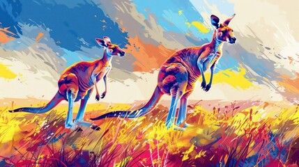 Vibrant pop art kangaroos in a field.