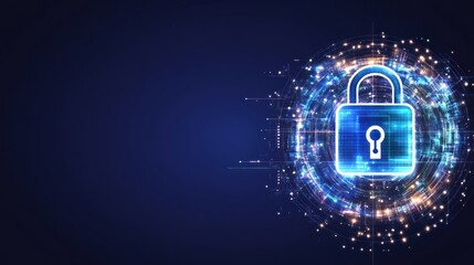 Poster - A digital lock symbolizing cybersecurity and data protection in a high-tech environment.