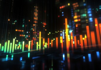 Poster - Abstract Colorful Data Visualization with Vertical Bars and Lighting Effects in a Digital Space Representing Graphs and Statistics for Financial Themes