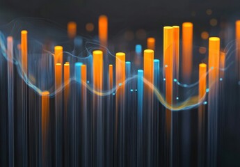 Poster - Abstract Digital Visualization with Vibrant Orange and Blue Bars Representing Data Flow and Trends in a Dark Background, Ideal for Technology and Science Themes