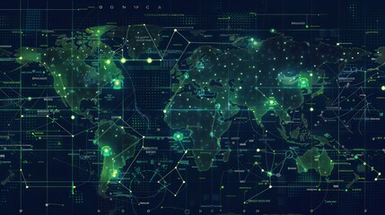 Poster - A digital world map with interconnected nodes and data visualizations.